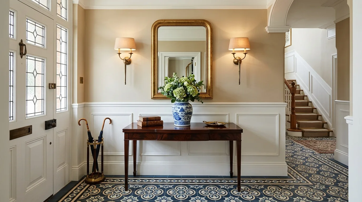 A coastal welcoming entryway with rattan mirror pale blues and basket bench, no people