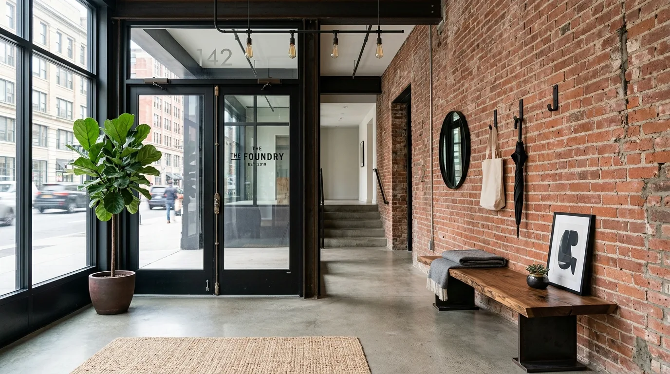 An apartment welcoming entryway with floating shelf art and hidden shoe cabinet, no people