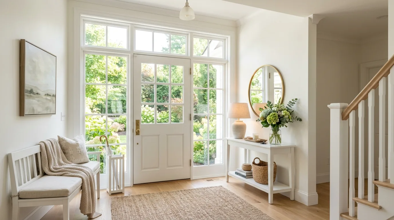 A vintage welcoming entryway with umbrella stand framed art and layered rug, no people