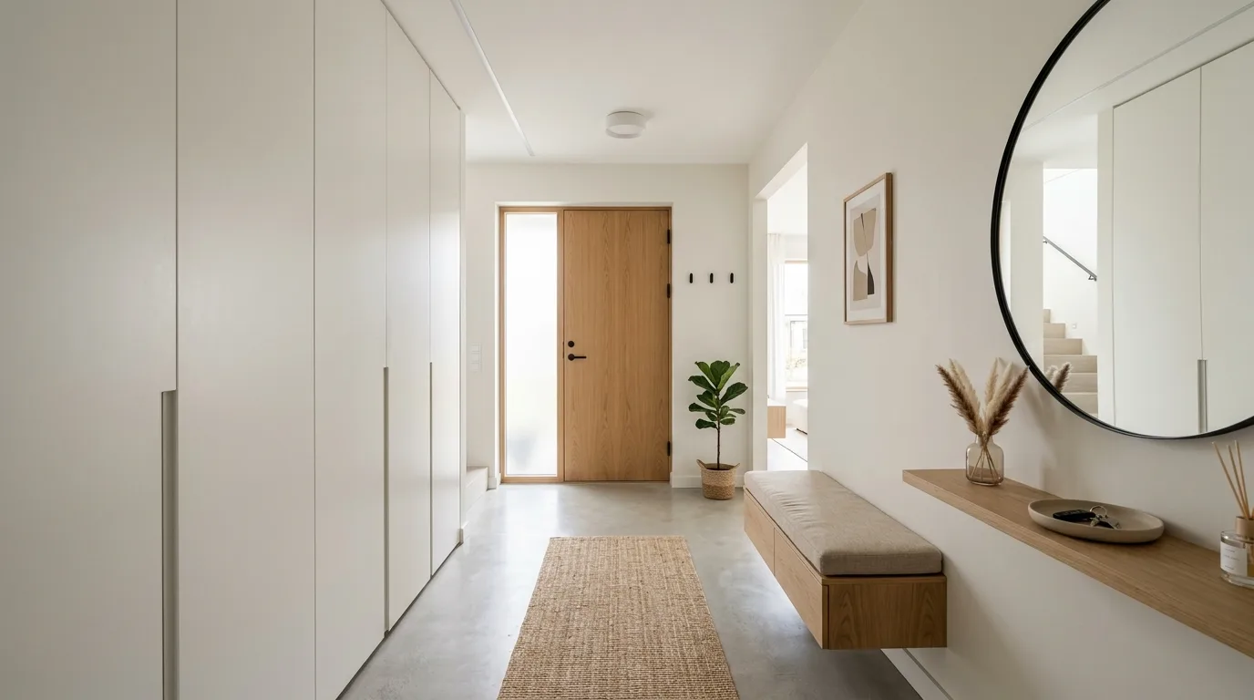 A minimal welcoming foyer with tall greenery and oversized artwork, no people