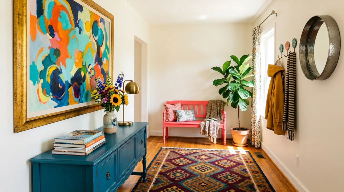 A family welcoming entryway with labeled cubbies and washable textiles, no people