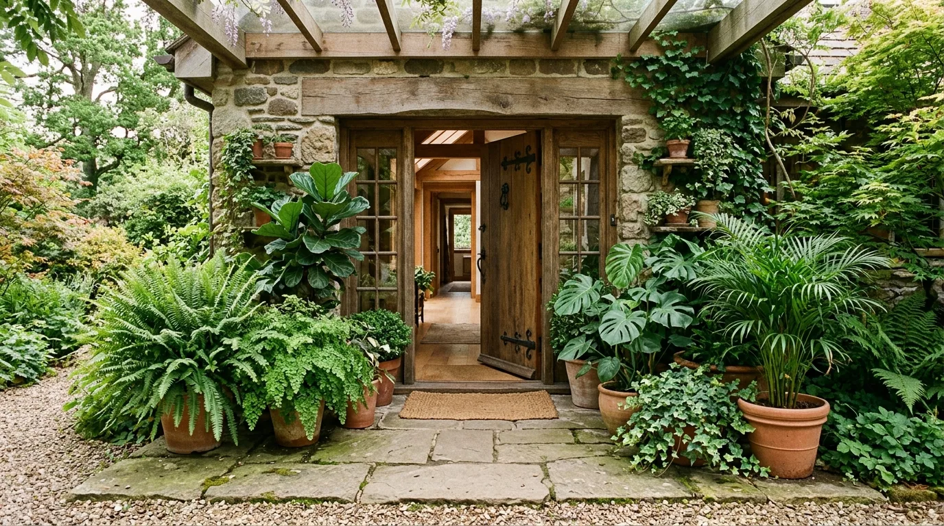 An elegant welcoming entryway with round table flowers and pendant light, no people