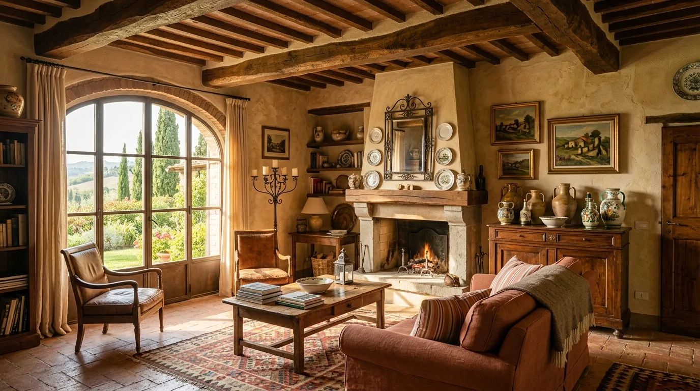 A rustic Italian living room with terracotta plaster carved wood and olive branches, no people