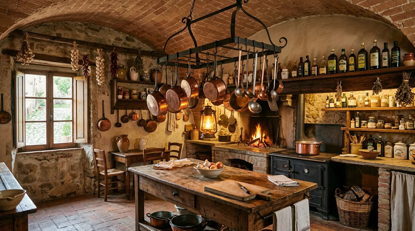 A rustic Italian dining room with stone linen runner ceramic pitchers and candlelight, no people