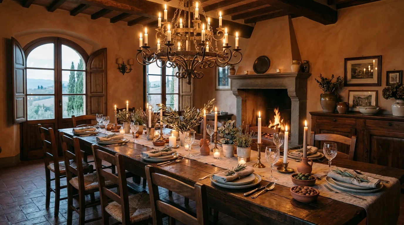 A rustic Italian kitchen with open crockery shelves aged beams and copper pans, no people