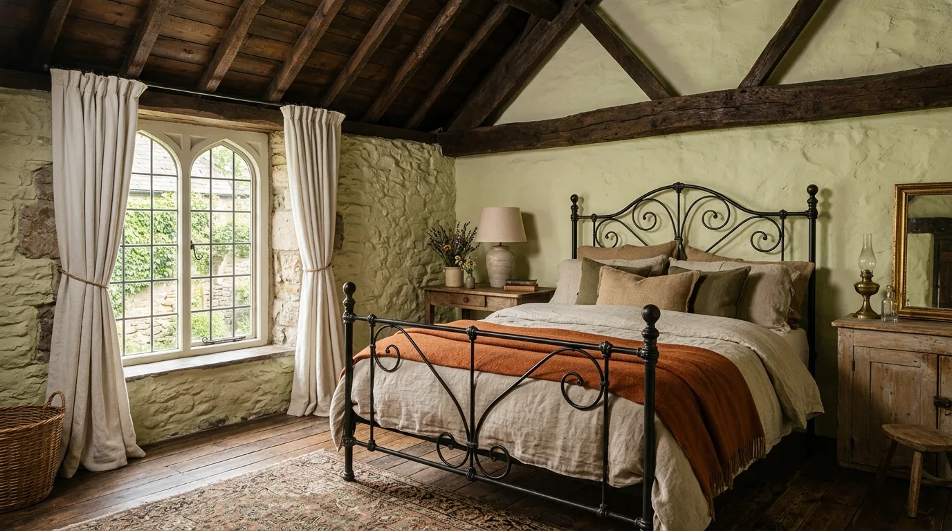A rustic Italian bedroom with wrought iron bed ochre textiles and antique nightstands, no people