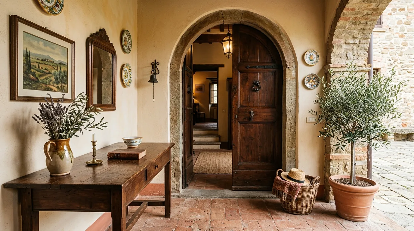 A rustic Italian sunroom with shutters clay pots and woven lounge chairs, no people
