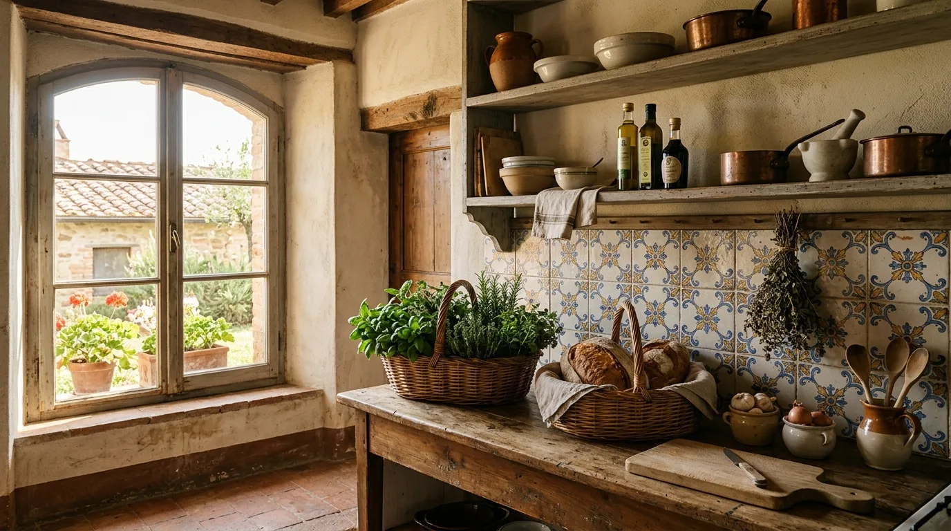 A rustic Italian courtyard corner with bistro table lanterns and rosemary, no people