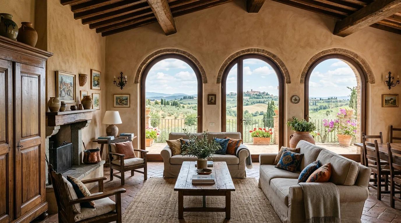 A rustic Italian home office with dark wood desk plaster walls and leather chair, no people