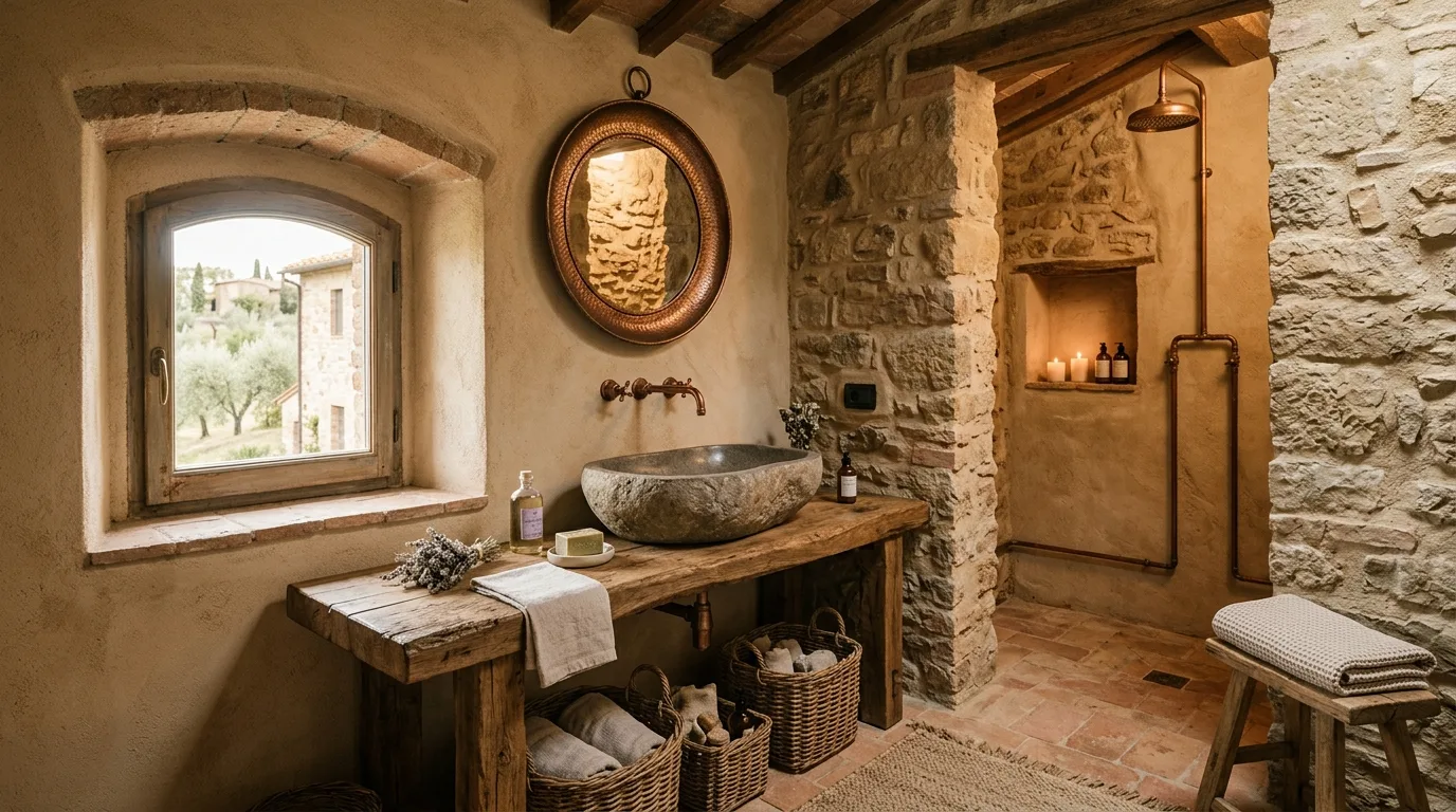 A rustic Italian living room with limestone fireplace rustic table and deep red accents, no people