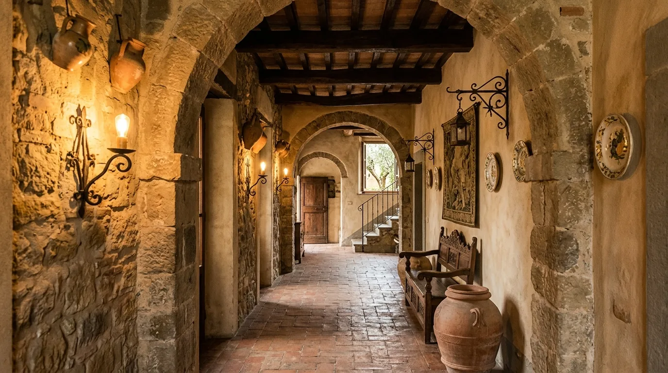 A rustic Italian dining hutch with pottery wine bottles and olive wood boards, no people