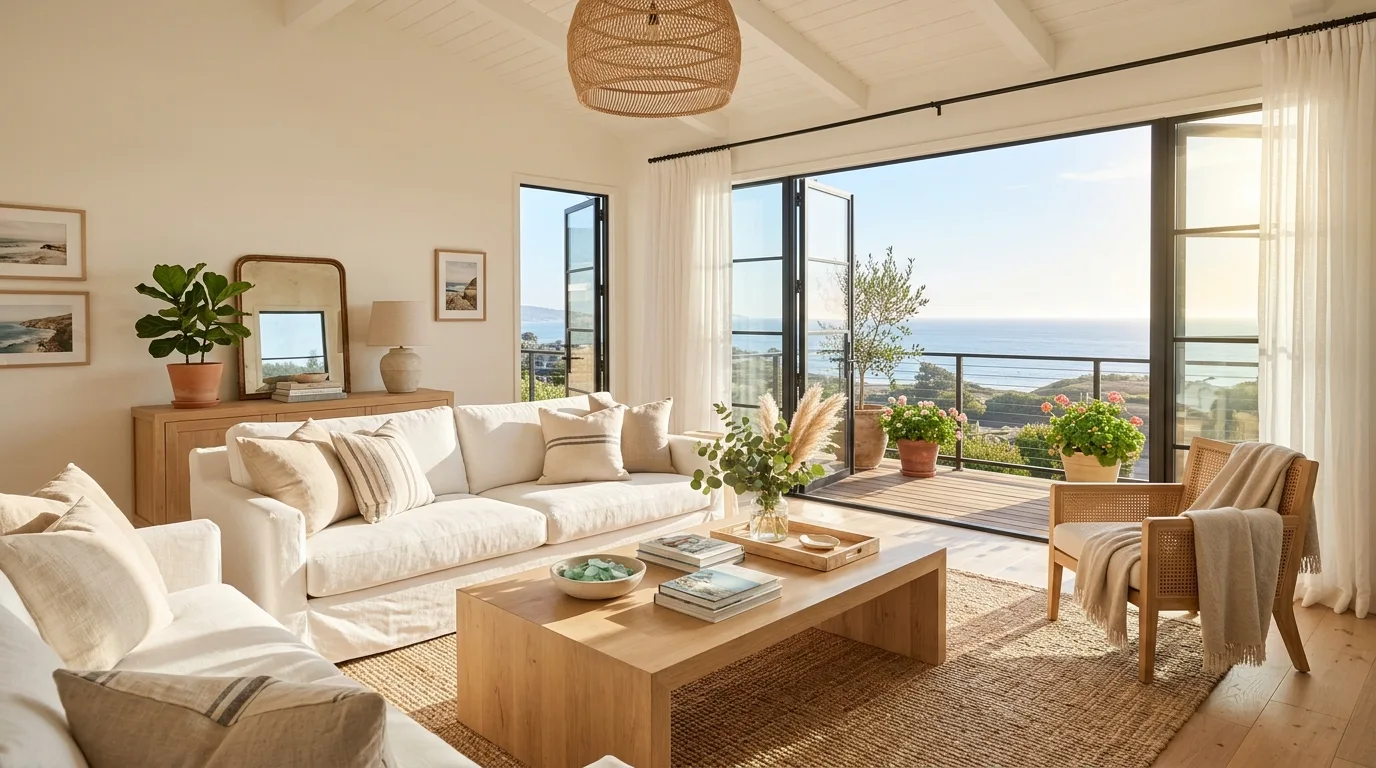 A California chic living room with linen sofa pale oak and oversized greenery, no people
