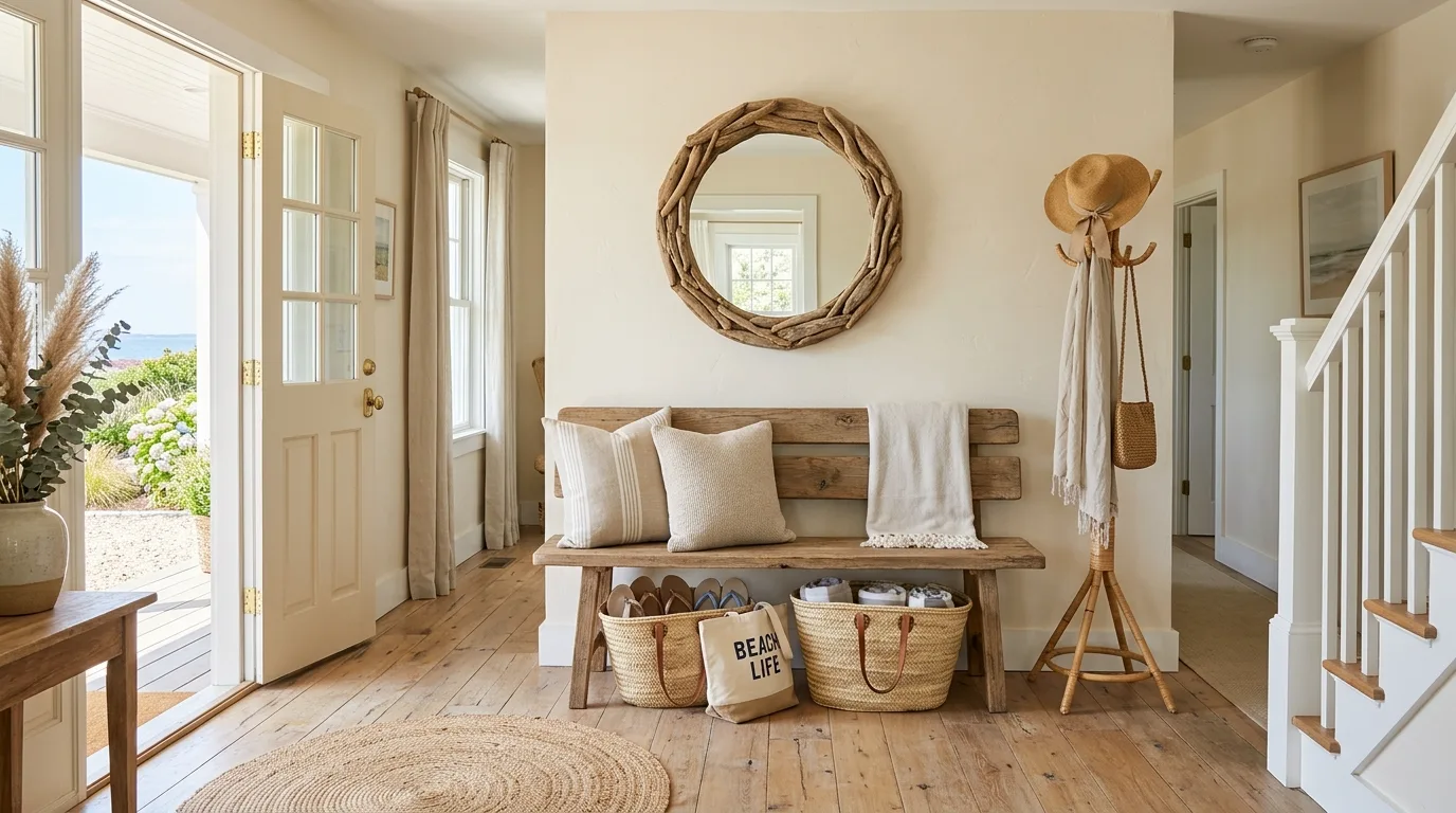 A California chic kitchen with warm white cabinets plaster hood and wood stools, no people