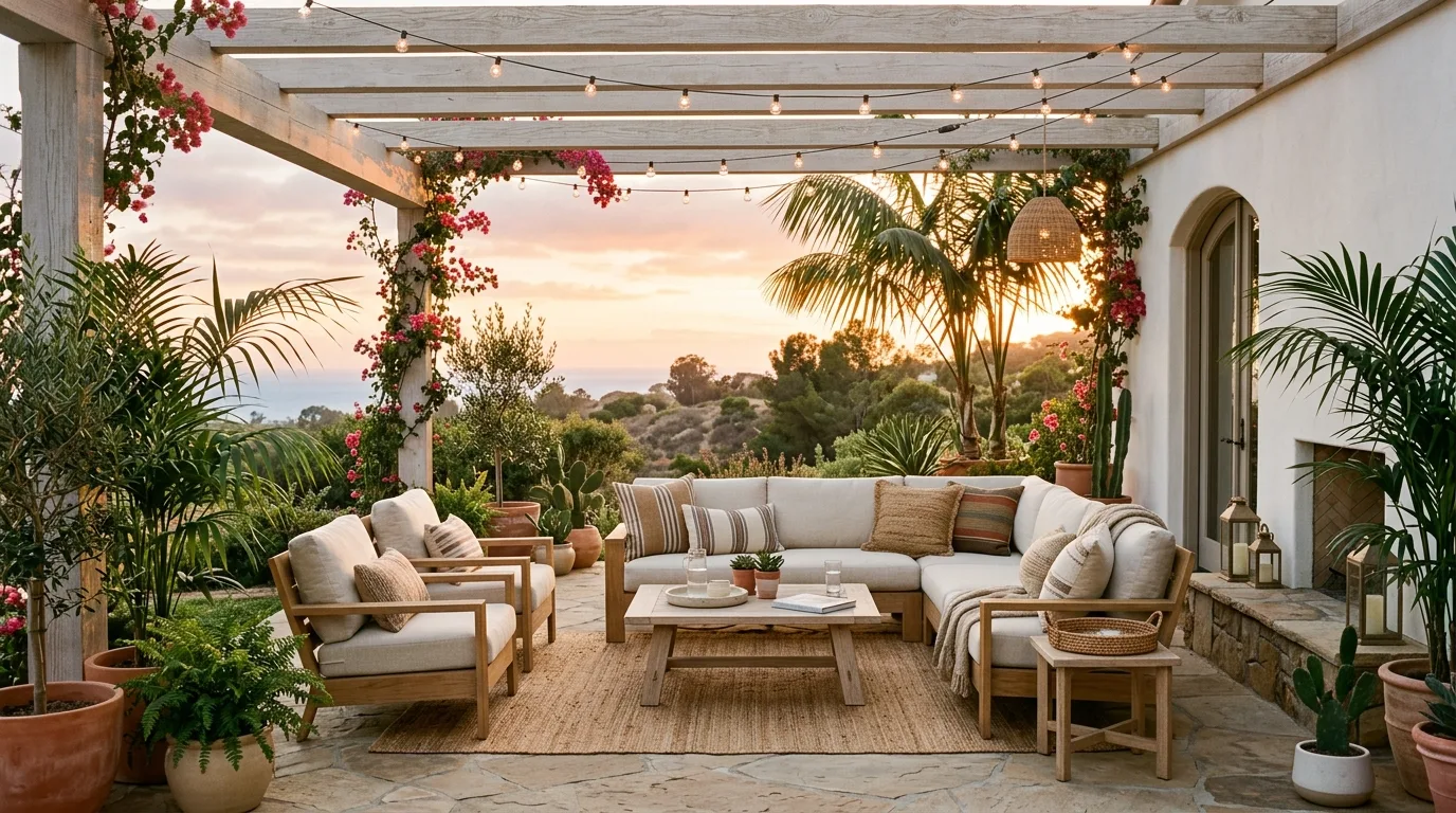 A breezy California chic entryway with sculptural mirror travertine table and coastal palette, no people