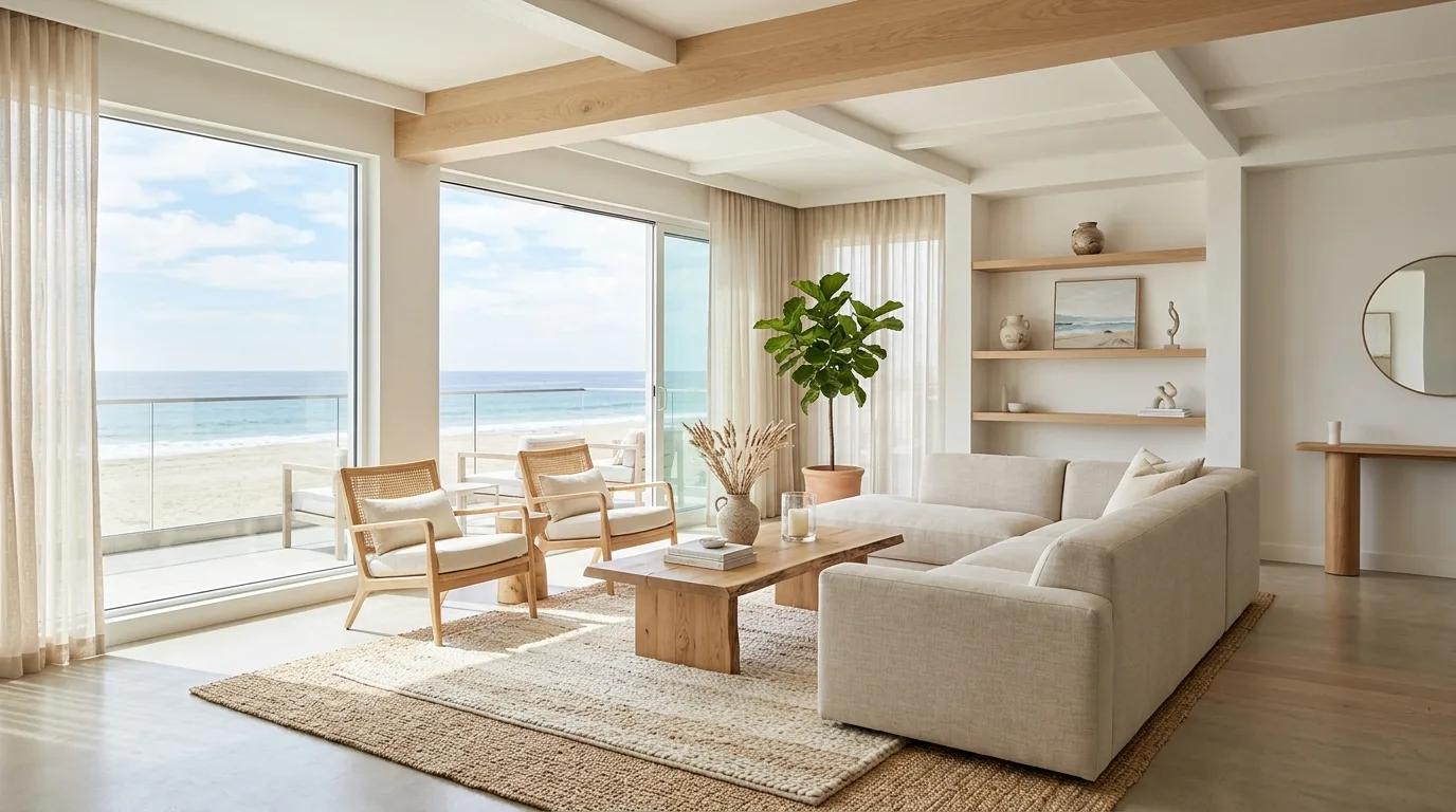 A California chic family room with sectional layered jute rugs and sun washed art, no people