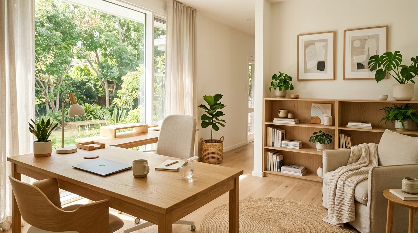 A California chic home office with oak desk boucle chair and abstract neutral art, no people