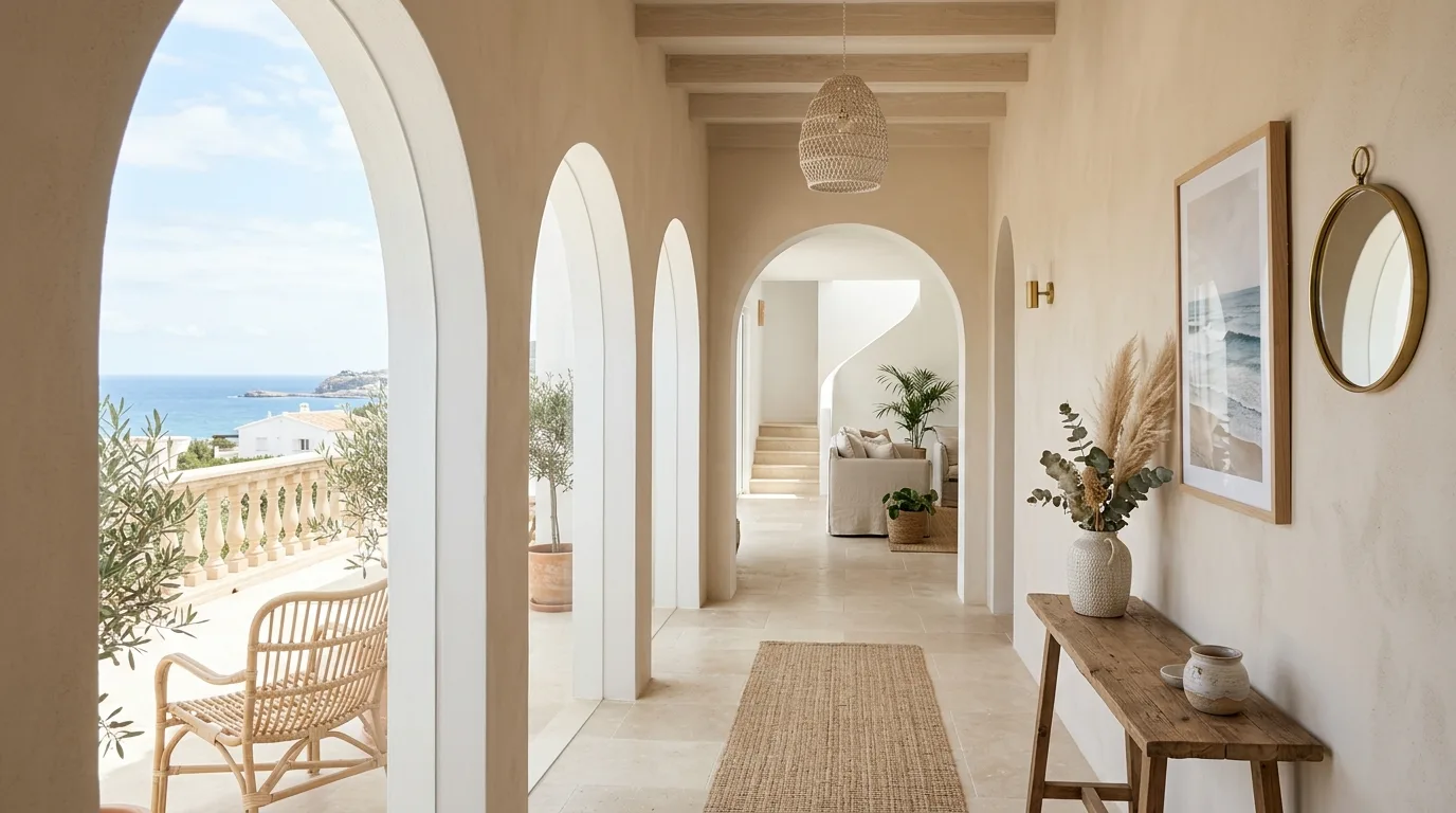A breezy California chic breakfast nook with curved banquette linen cushions and ceramics, no people