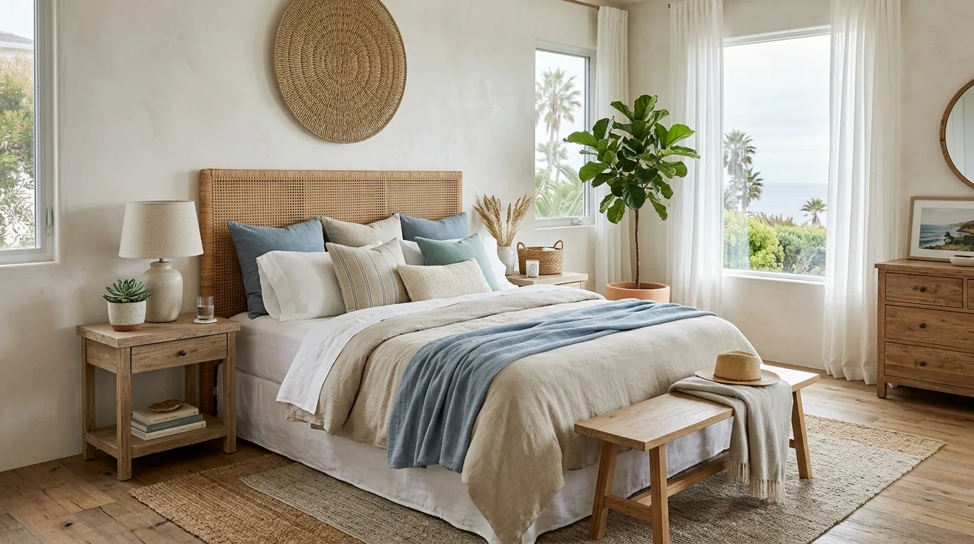 A California chic guest room with cane bed washed walls and coastal photograph, no people