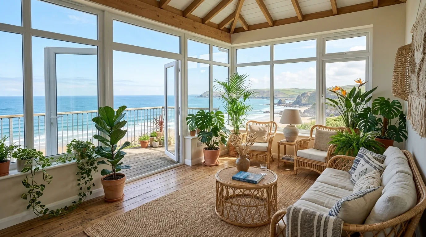 A California chic living area with limewashed fireplace curved coffee table and airy shelves, no people