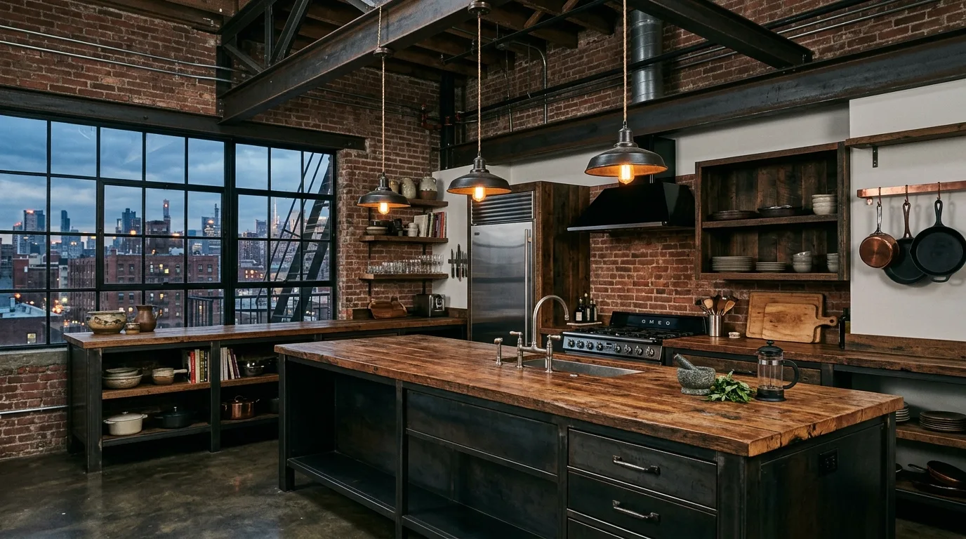 A unique unusual kitchen with curved island rounded cabinetry and sculptural lighting, no people