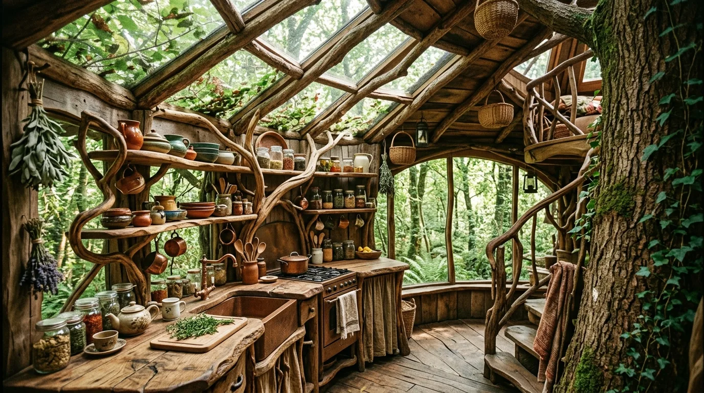 A unique unusual kitchen with glass walls steel framing and hanging storage, no people