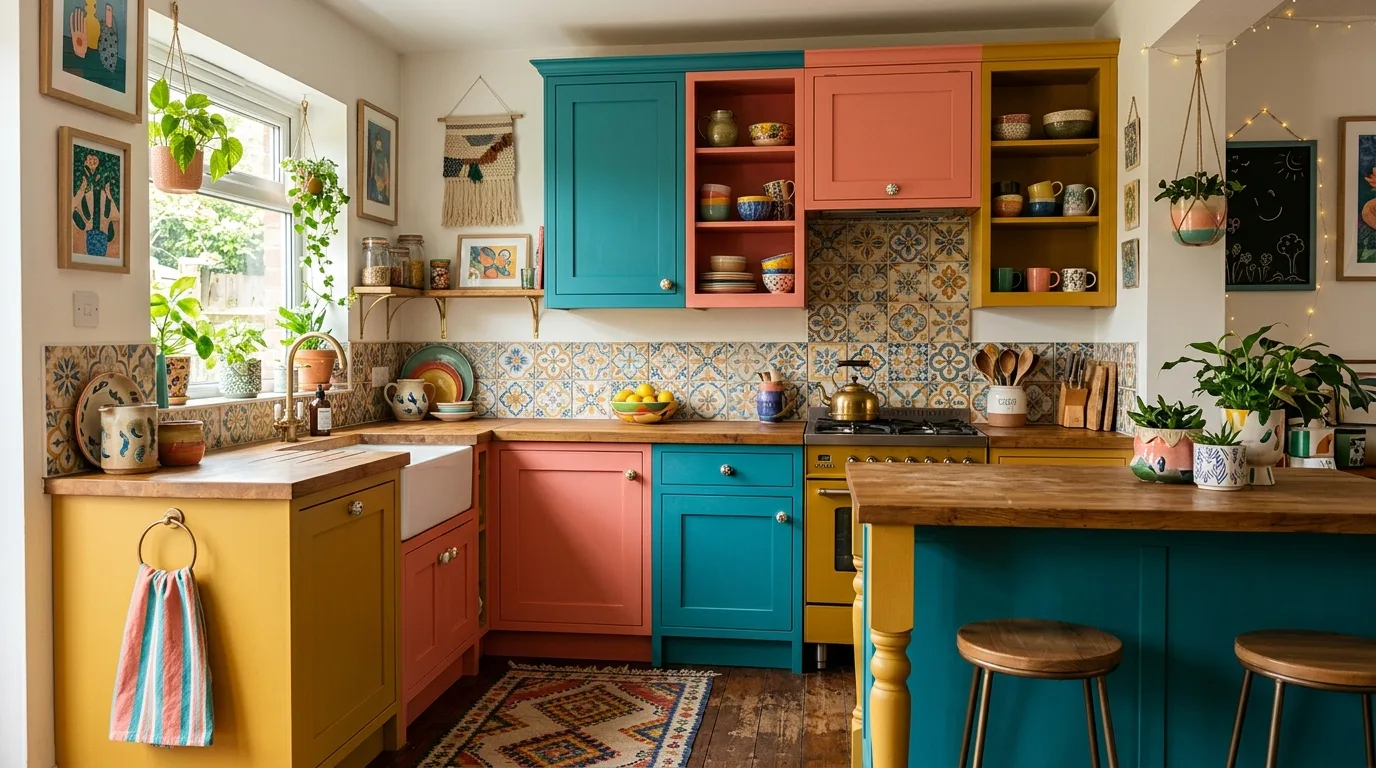 A unique unusual kitchen with lacquer cabinets and mirrored backsplash, no people