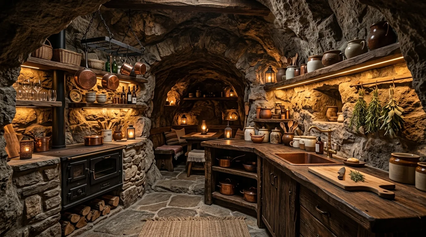 A unique unusual country kitchen with painted mural wall and freestanding prep table, no people