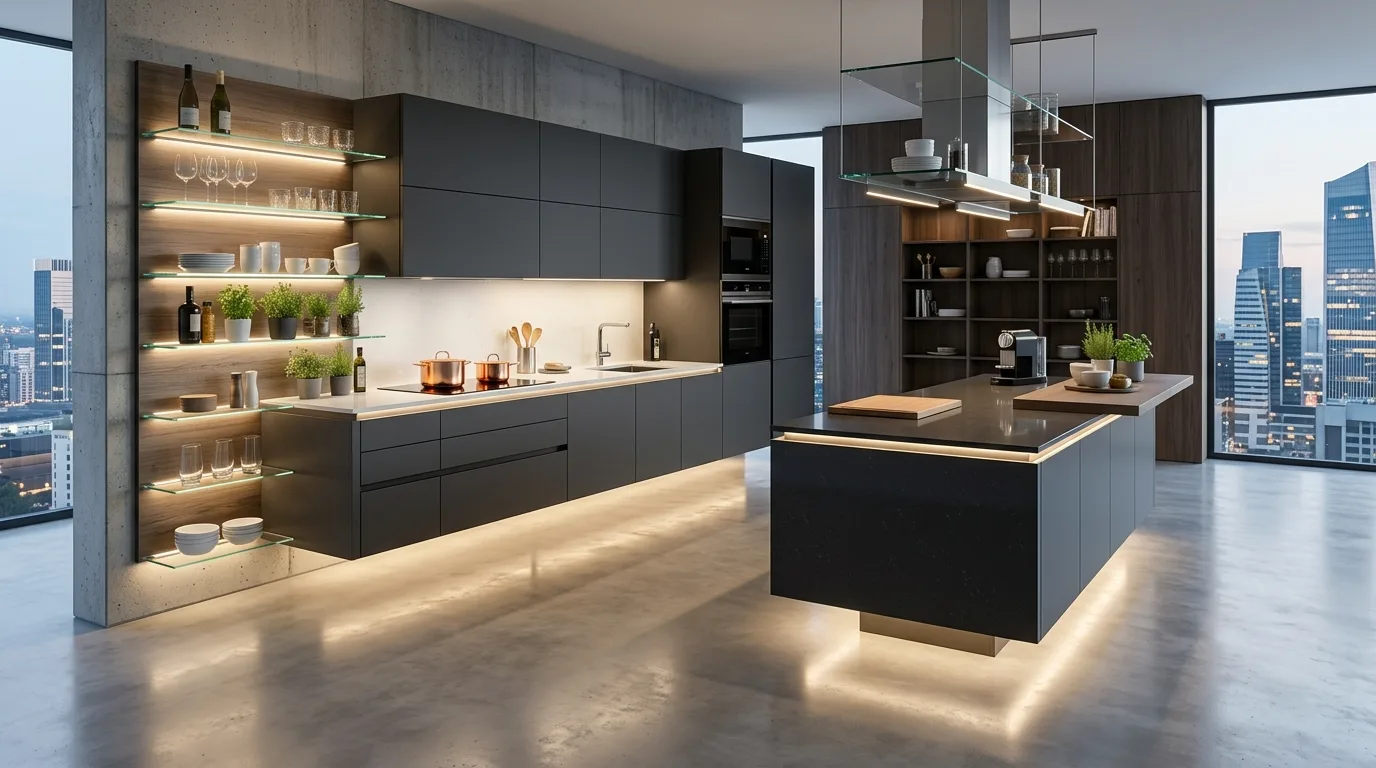 A unique unusual minimalist kitchen with hidden appliances and thick stone slab surfaces, no people