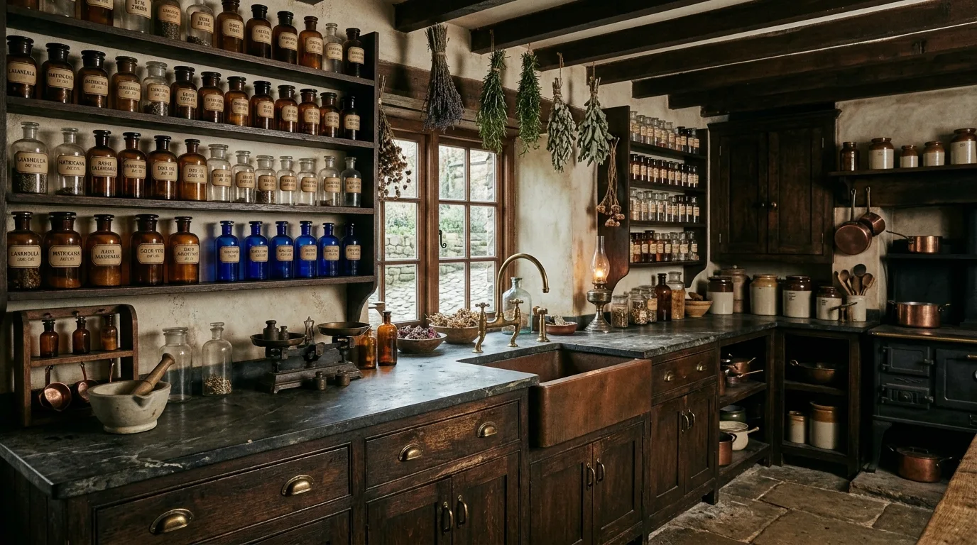 A unique unusual retro kitchen with rounded fridge nook and saturated color blocking, no people