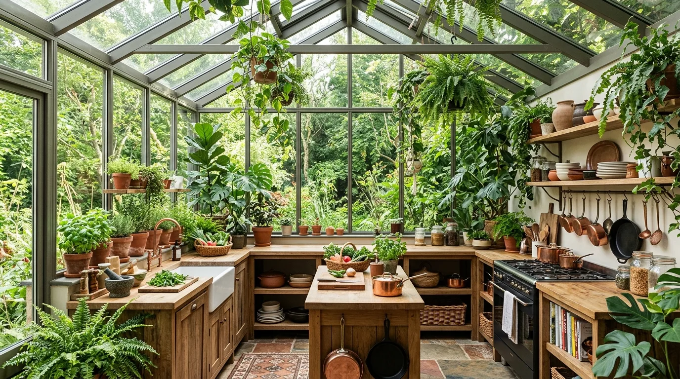 A unique unusual library kitchen with tall bookshelves ladder rail and dark wood cabinetry, no people