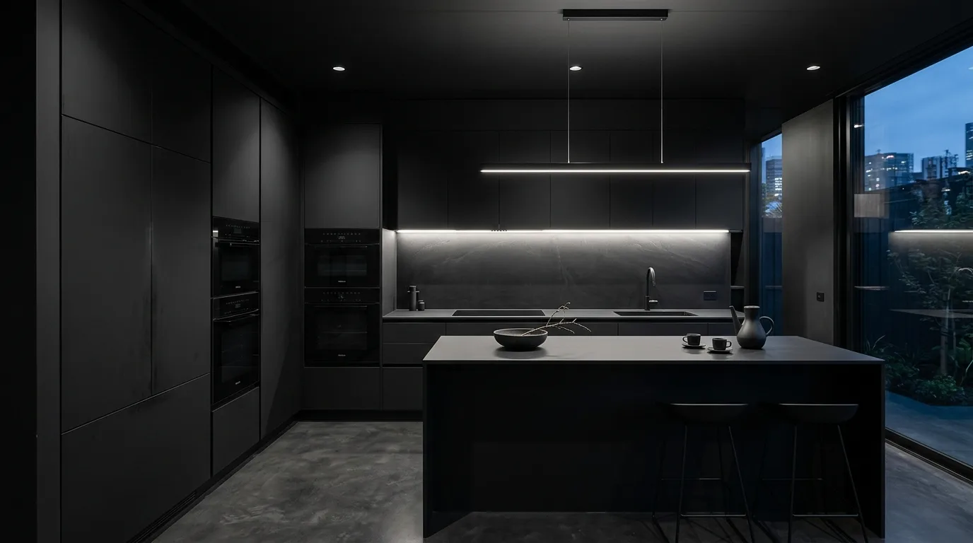 A unique unusual industrial kitchen with concrete island and hanging botanical installation, no people