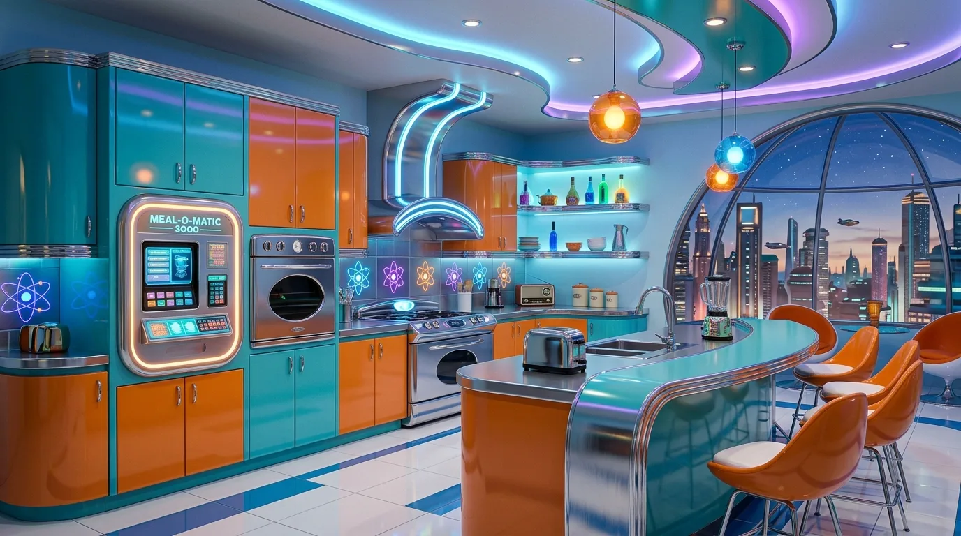 A unique unusual loft kitchen with movable island and restaurant style shelving, no people