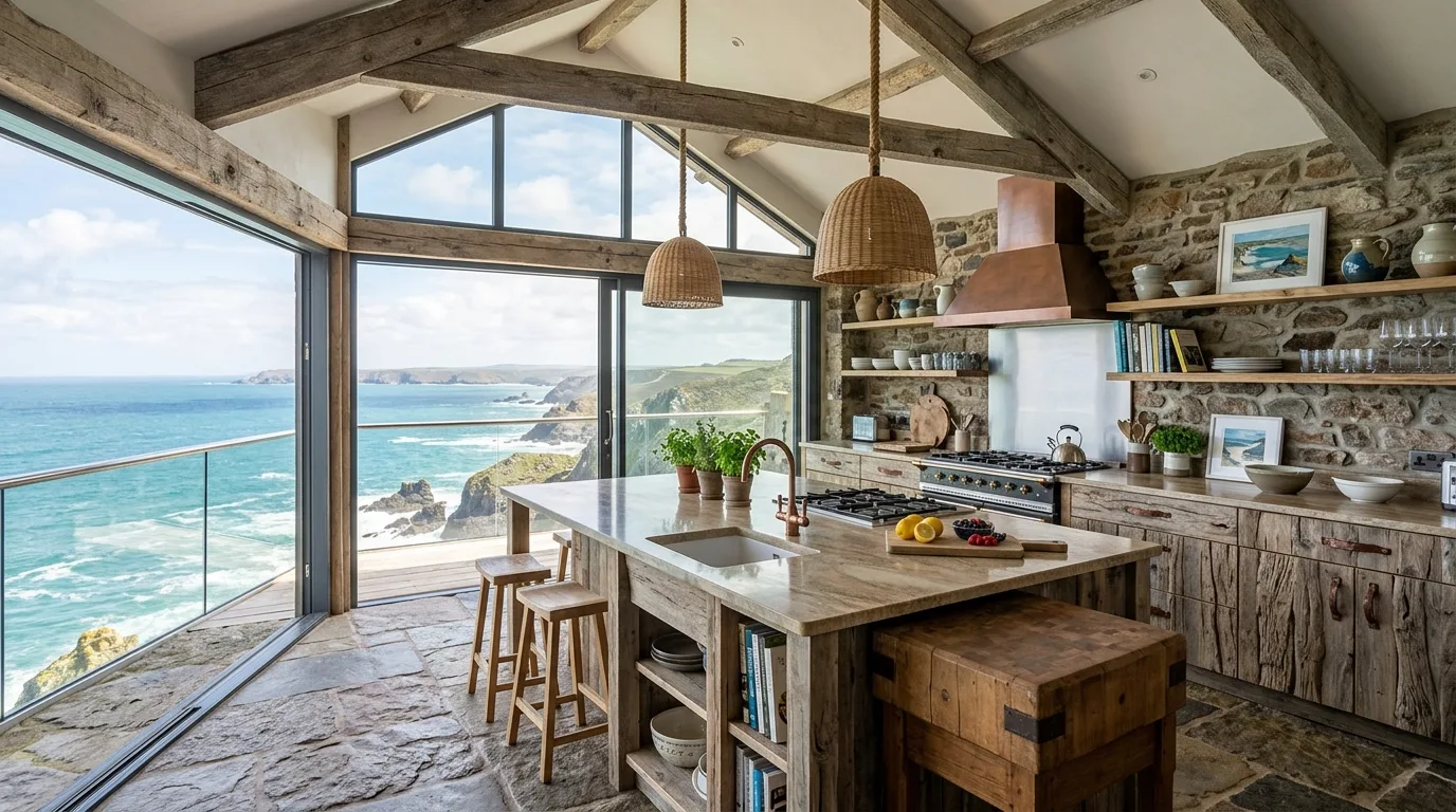 A unique unusual stone cottage kitchen with carved hood and floor to ceiling plate display, no people