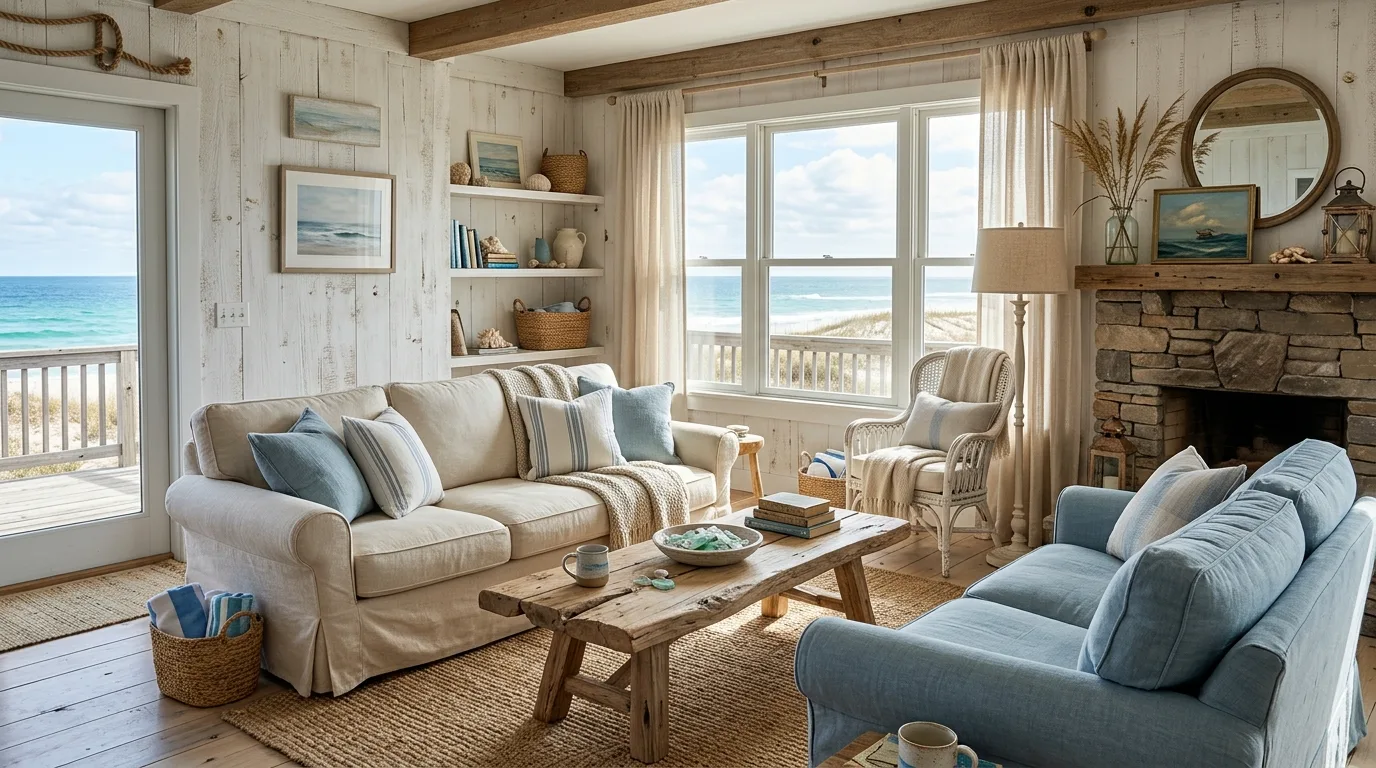 A relaxed rustic coastal living room with driftwood tones linen seating and coastal art, no people