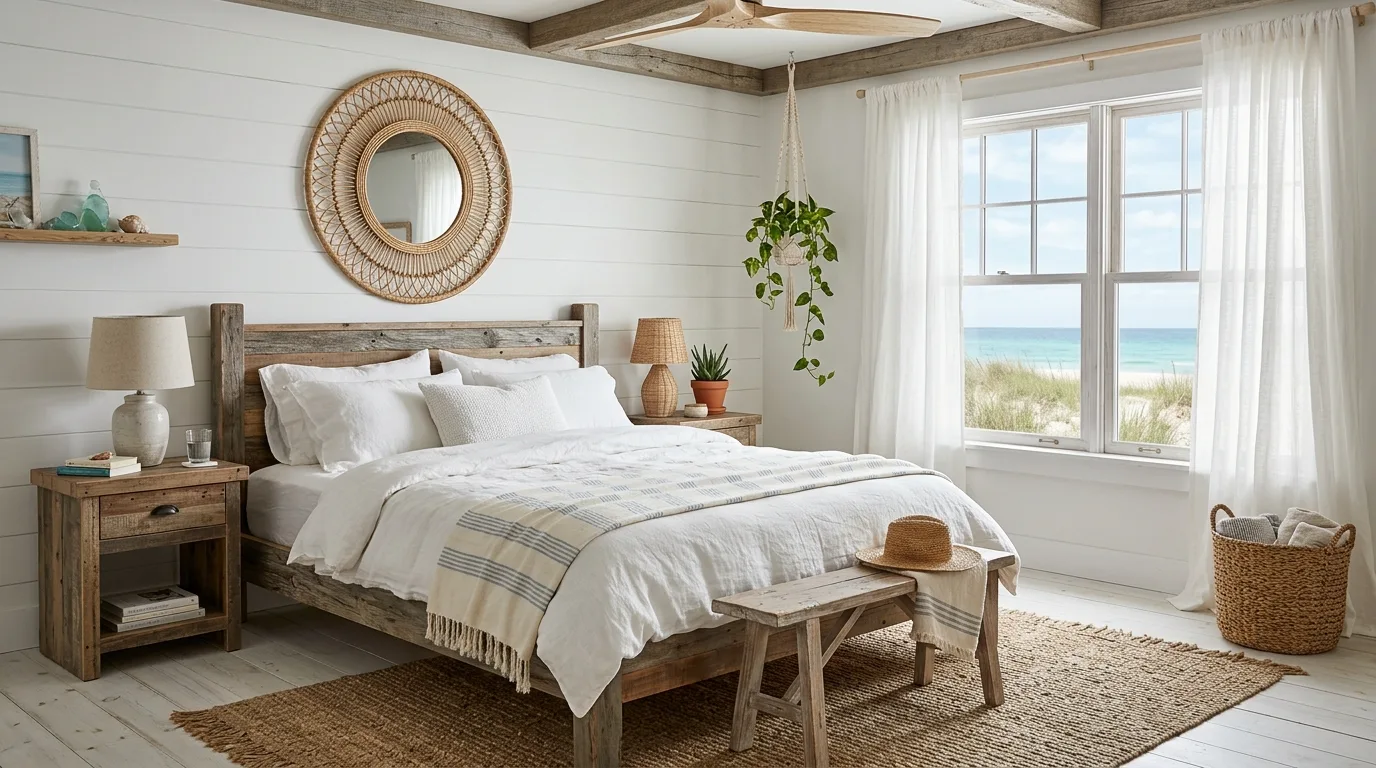 A relaxed rustic coastal entryway with rope mirror washed wood bench and woven baskets, no people