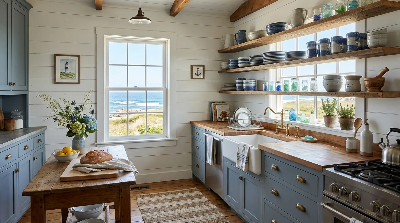 A rustic coastal bedroom with white bedding sea grass rug and reclaimed wood nightstands, no people