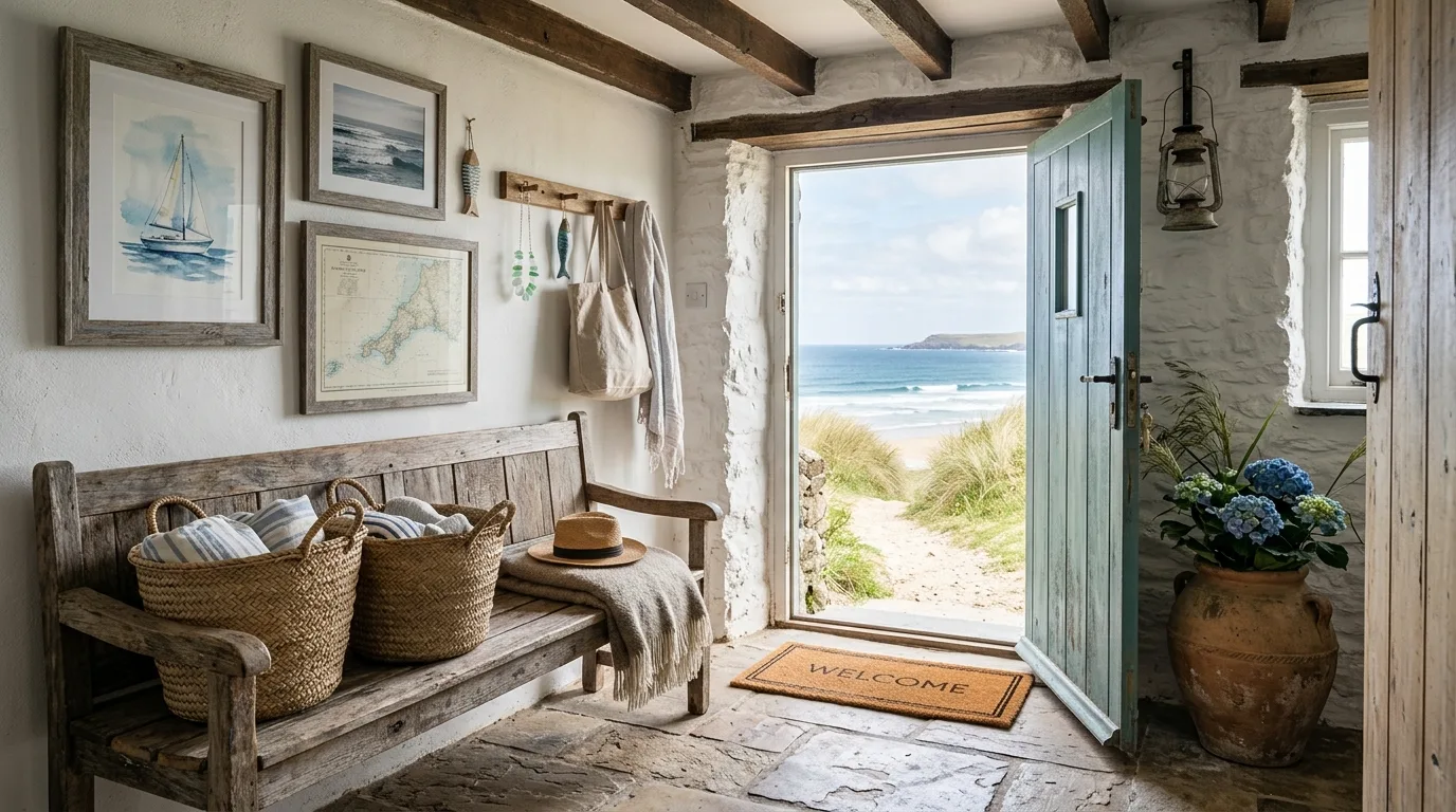 A rustic coastal dining nook with slipcovered chairs blue pottery and shell toned runner, no people