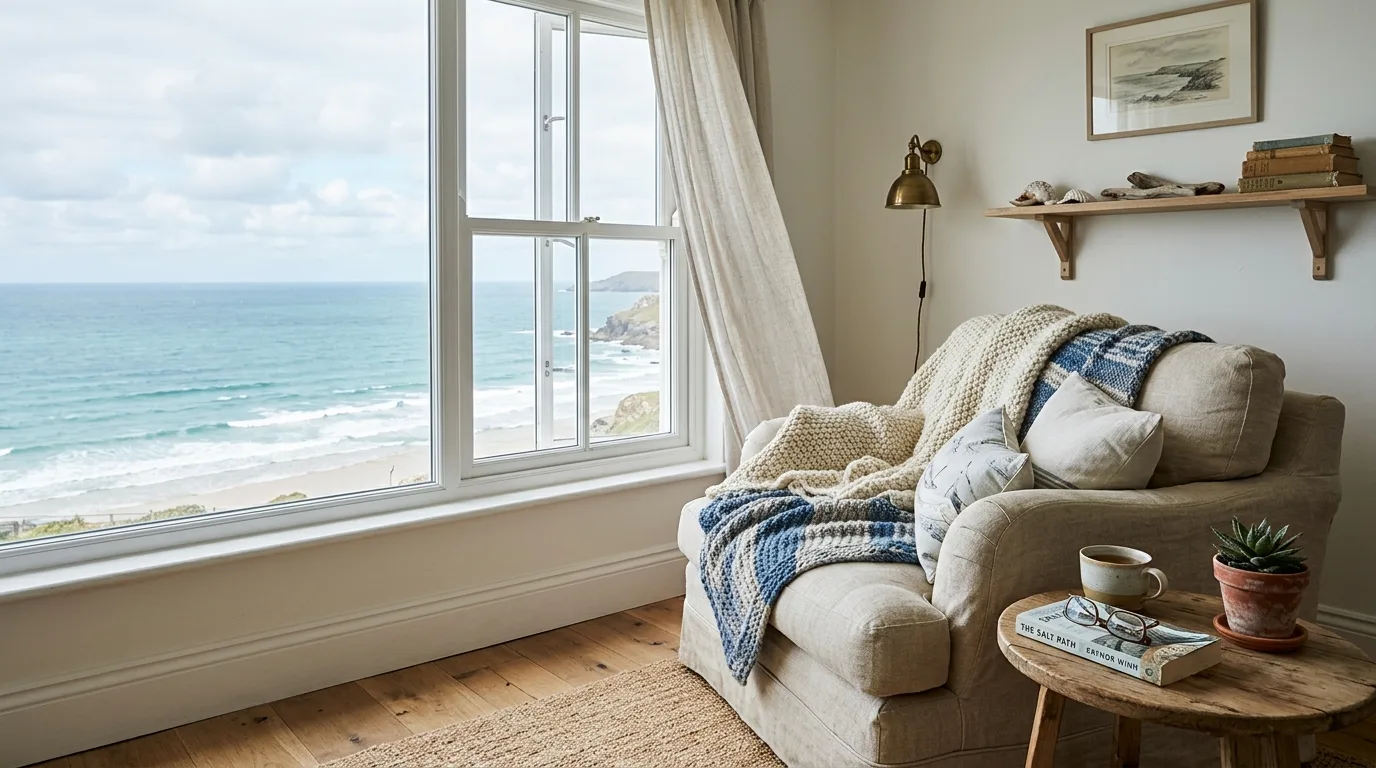 A rustic coastal guest room with striped textiles old wood dresser and ocean toned art, no people