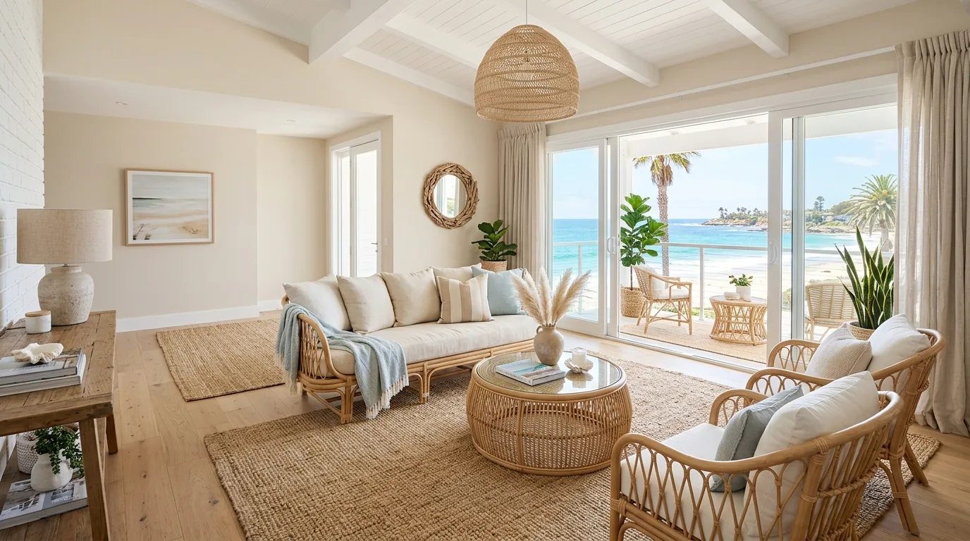 A rustic coastal sun porch with cane chairs linen cushions and sea glass accents, no people