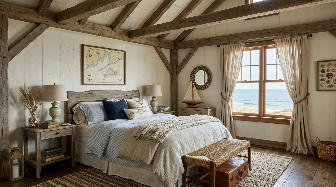 A rustic coastal fireplace room with limewashed surround and weathered plank mantle, no people