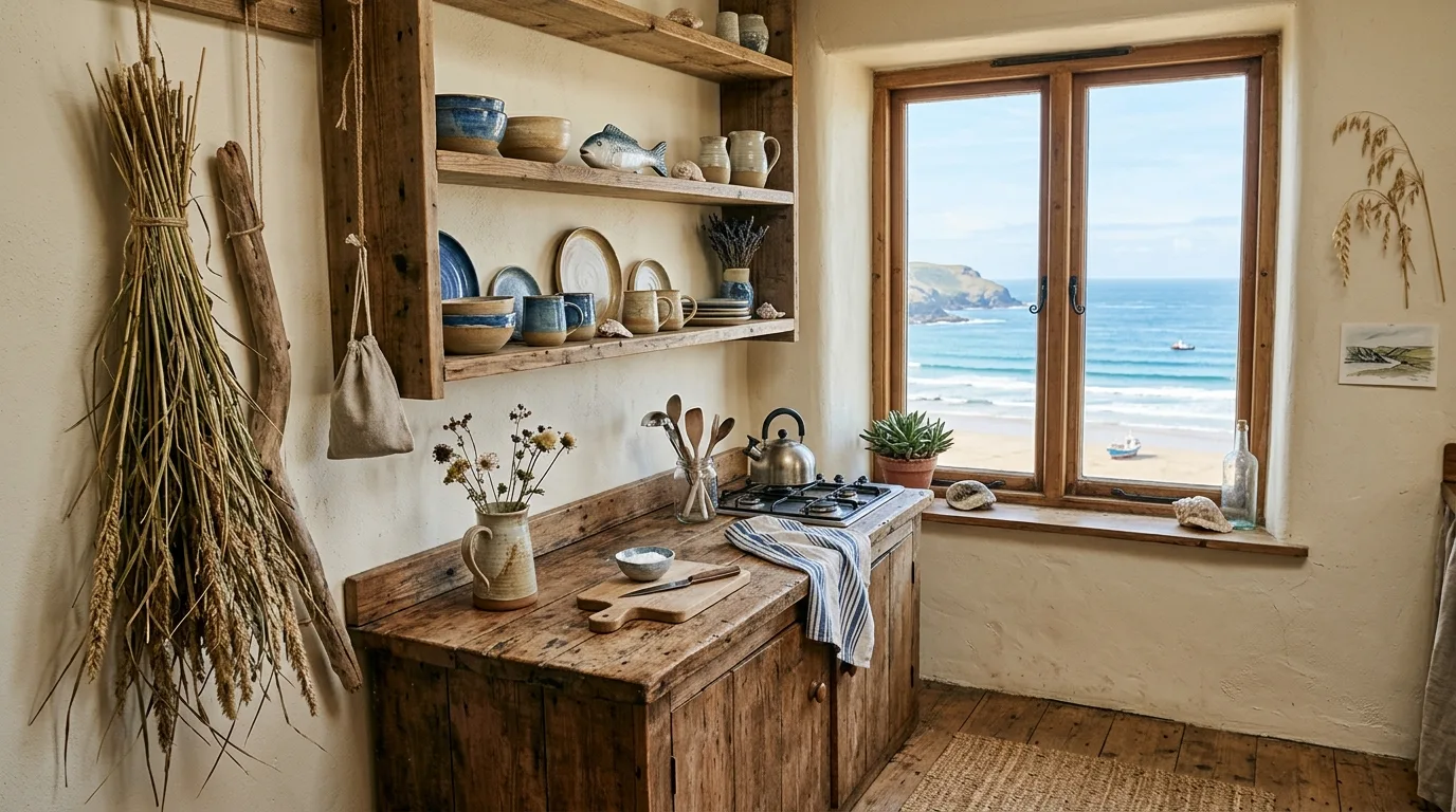 A rustic coastal reading corner with slipcovered chair jute ottoman and floor basket, no people