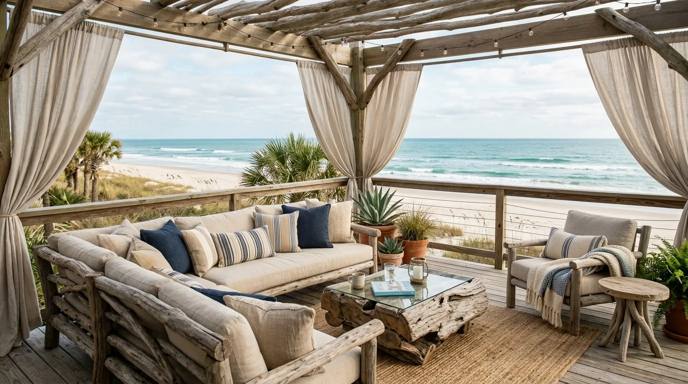 A rustic coastal dining room with bleached wood table and oyster toned ceramics, no people