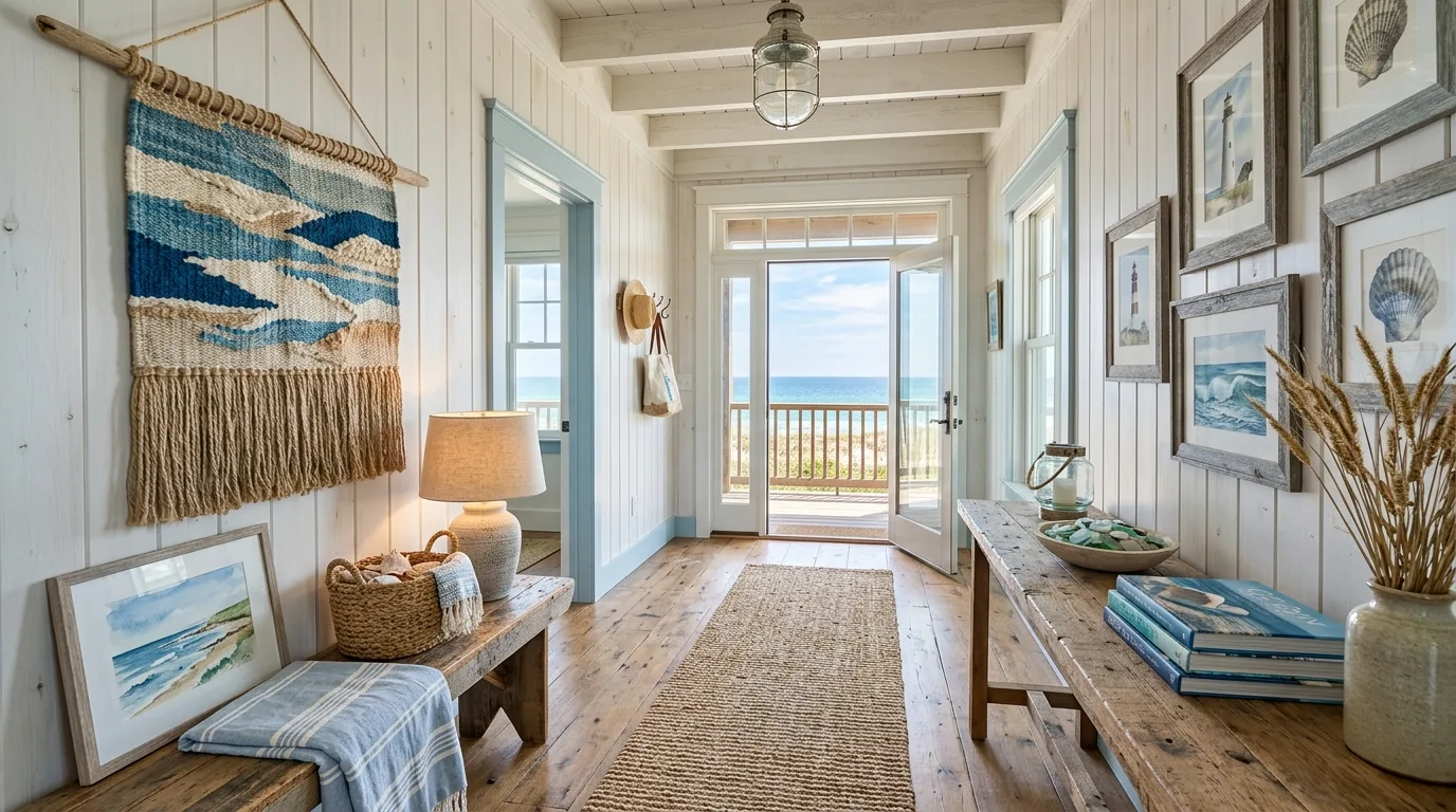 A rustic coastal hallway with framed seascapes console and drift colored lamp, no people
