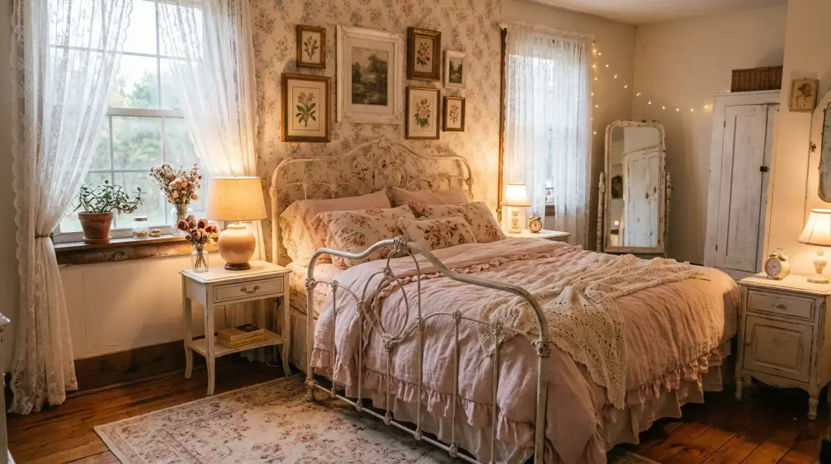 A shabby chic bedroom with white iron bed ruffled bedding and faded floral quilt, no people