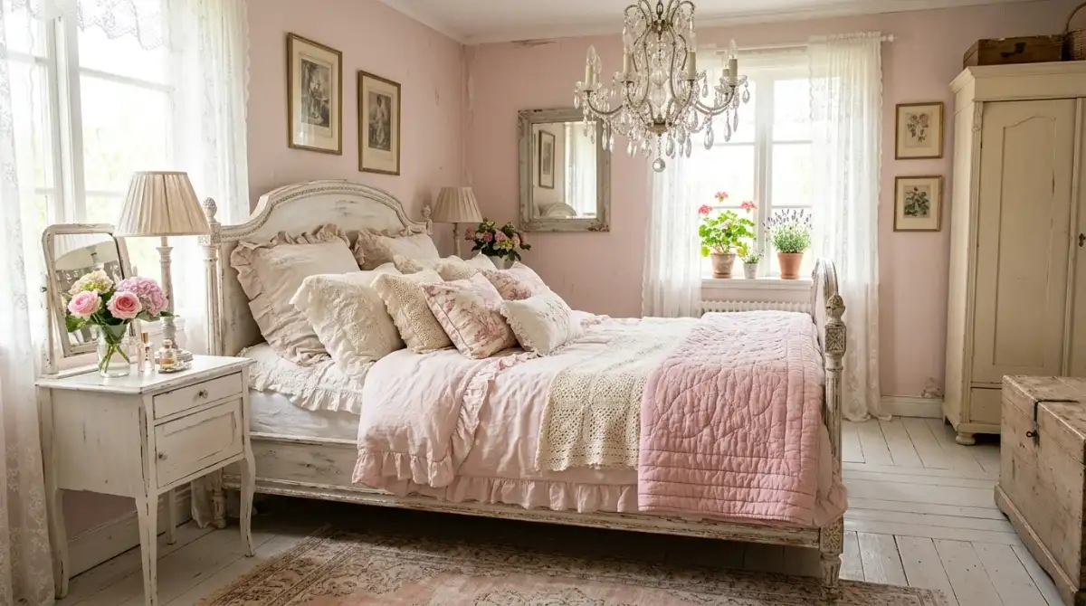 A romantic shabby chic bedroom with blush and ivory tones distressed nightstands and lace curtains, no people
