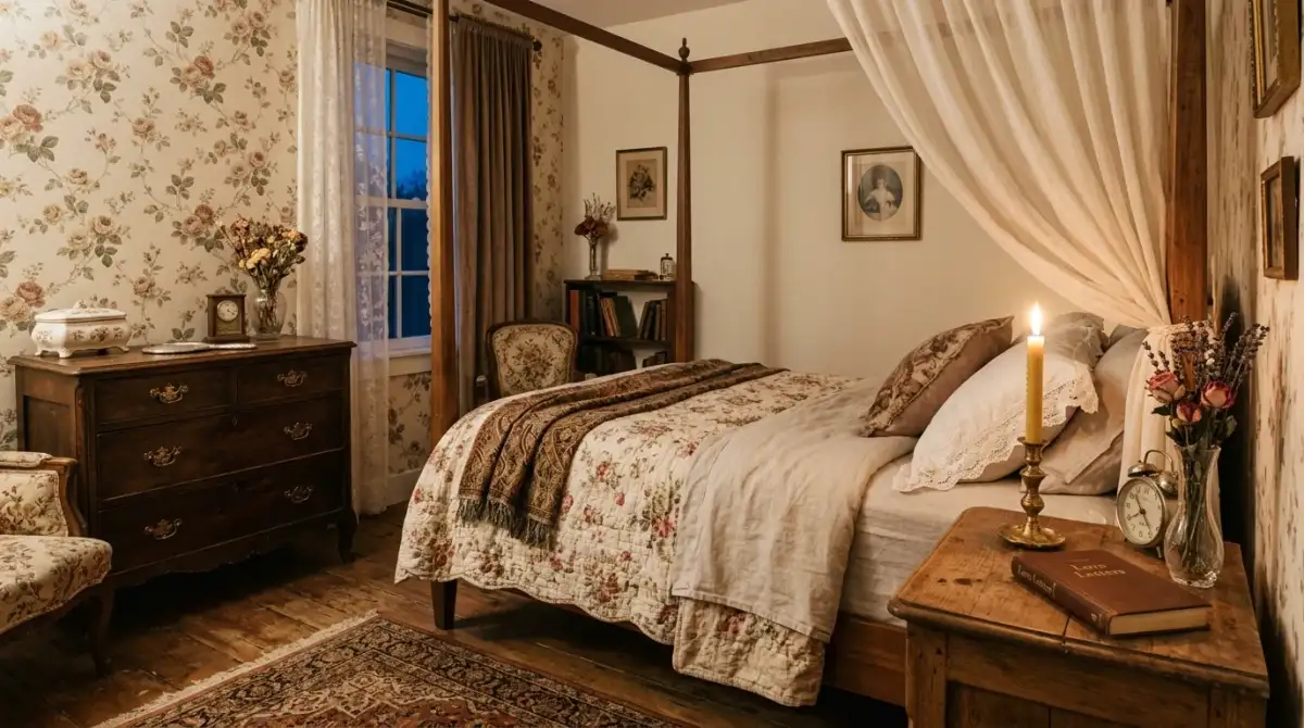 A romantic shabby chic bedroom with canopy bed gauze drape and painted trunk, no people