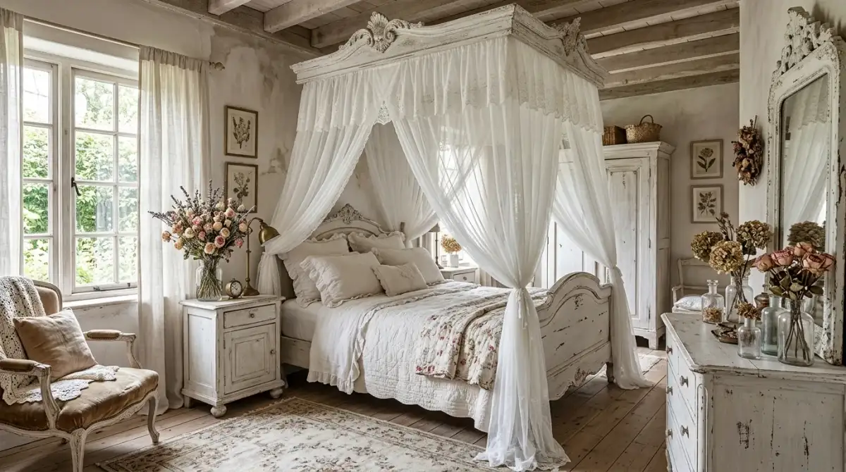 A sweet shabby chic bedroom with rose wallpaper and scalloped lamp shades, no people