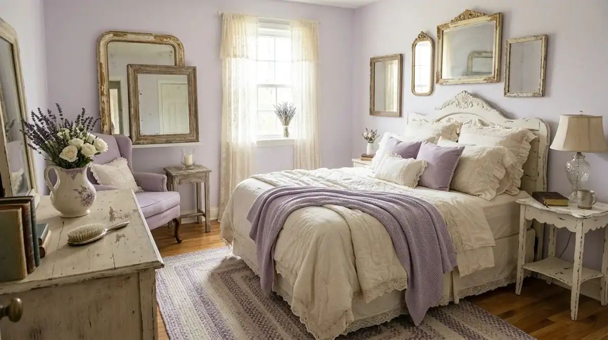 A romantic shabby chic bedroom with soft blue tones embroidered pillows and painted mirror, no people