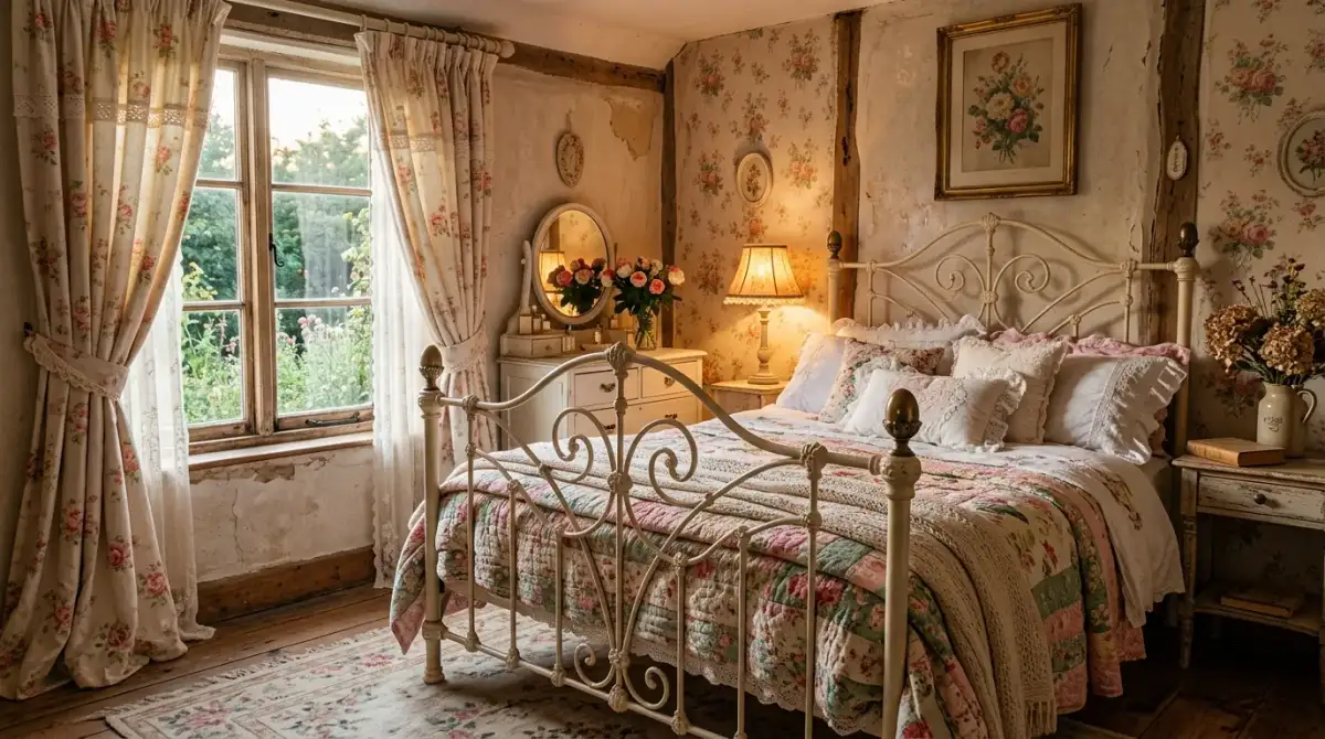 A shabby chic bedroom corner with vanity table flowers and antique stool, no people