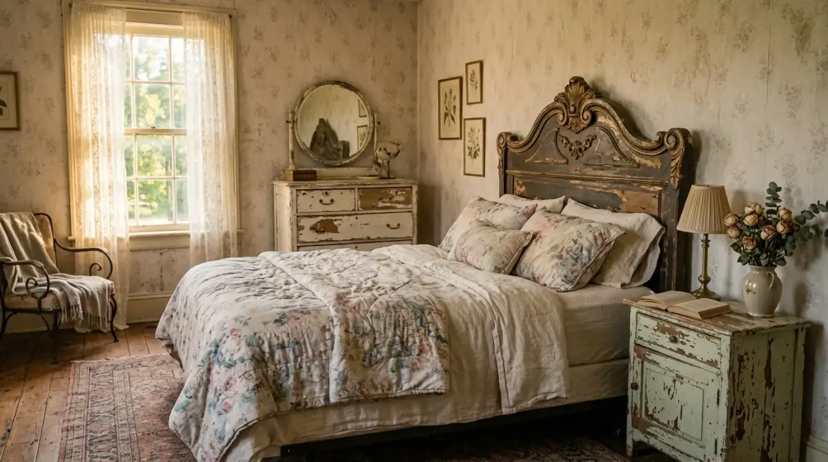 A neutral shabby chic bedroom with crocheted throw and distressed armoire, no people